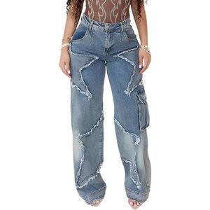 Women's Y2K Baggy Cargo Jeans High Waist Ripped Star Tassel Denim Pants